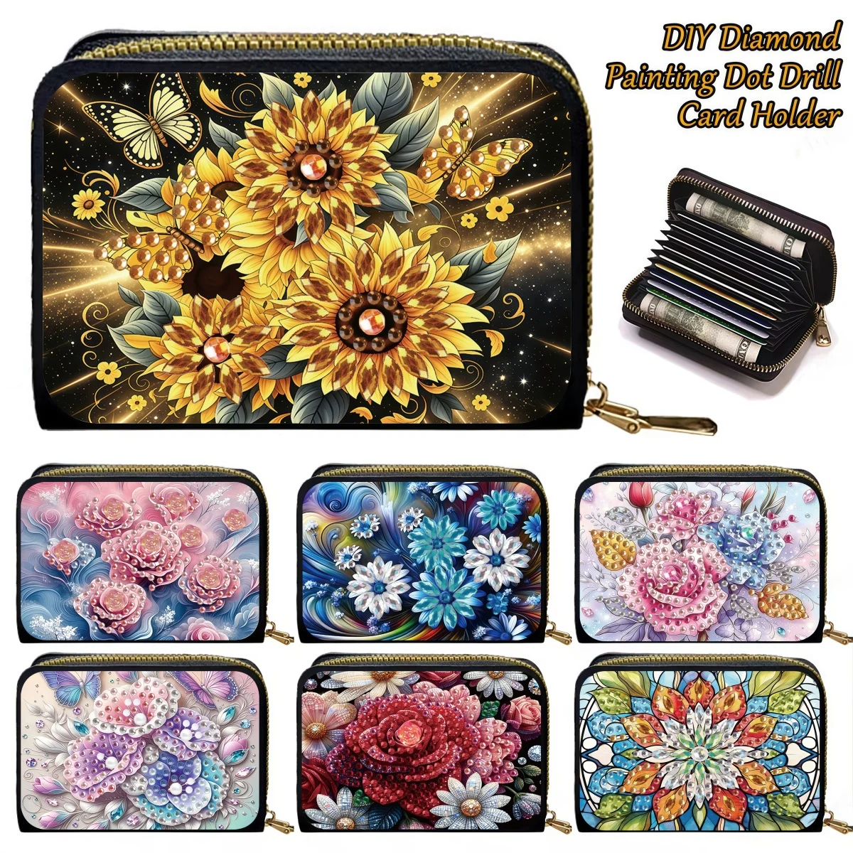 1 Piece Diamond Painting kit, card case, flower pattern, PU leather Material, high capacity, used for daily outing and carrying