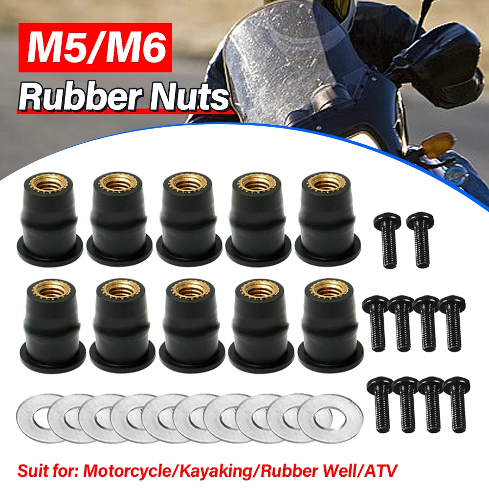 10/30PCS M5 M6 Motorcycle Windscreen Windshield Bolts Screws Metric Rubber Well Nut Fastener For Honda Suzuki Yamaha Kawasaki