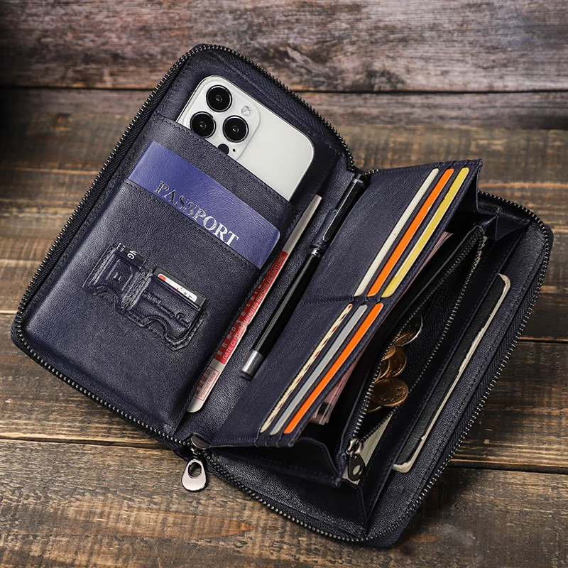 CONTACT\'S Genuine Leather Men\'s Passport Wallets Long Clutch Casual Handbags Card Holders Coin Purses Money Clip Travel Wallet