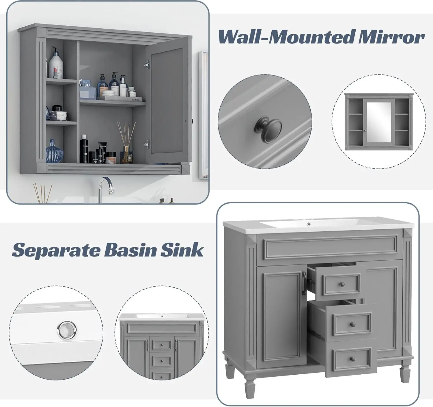 36'' Bathroom Vanity with Royal Grey Mirror Cabinet,Modern Bathroom Storage Cabinet with Top Sink,2 Soft Closing Doors and 2 Dra