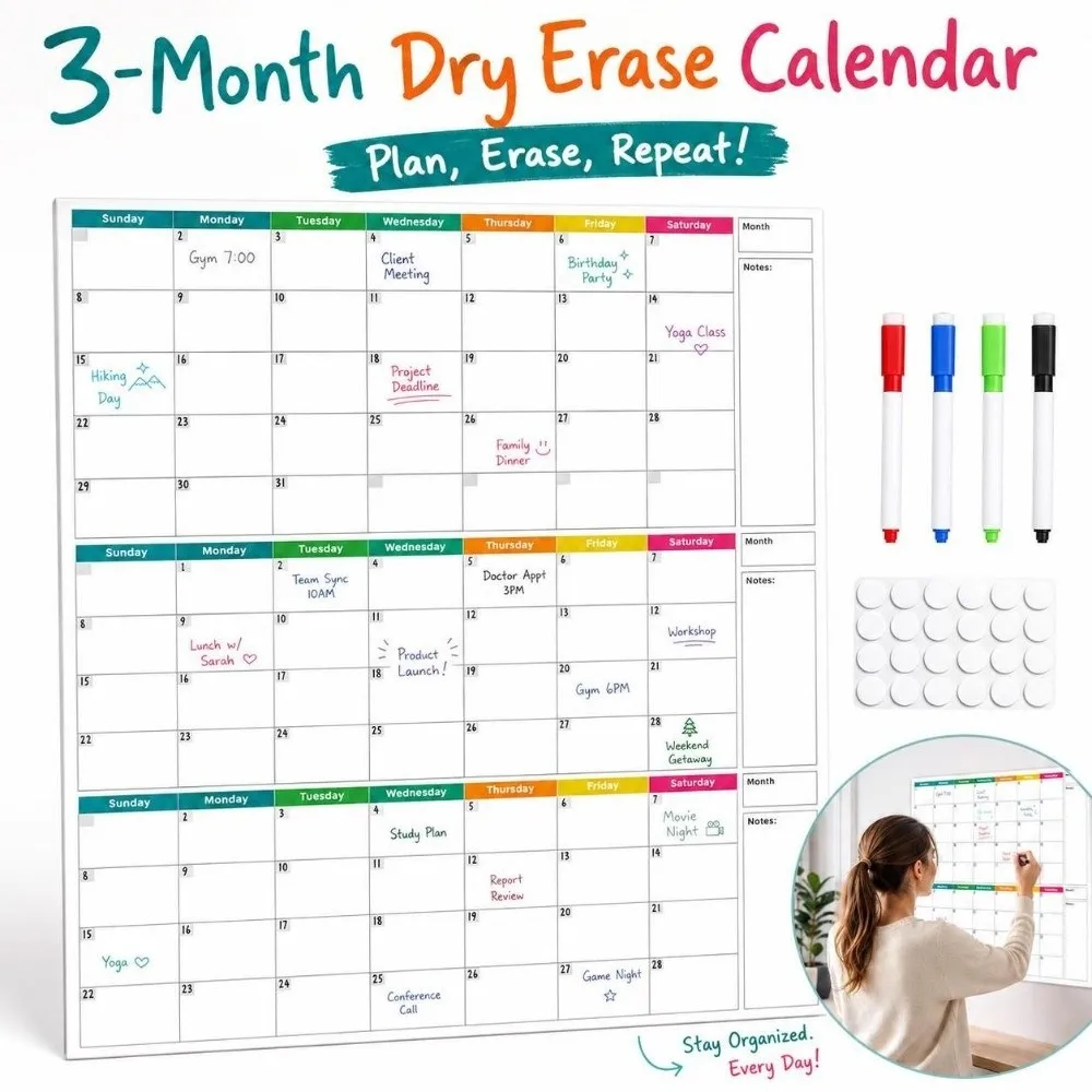 Dry Erase Wall Calendar At One Glance Laminated Surface 3 Months Calendar Large Size One Page Design Schedule Planning Table
