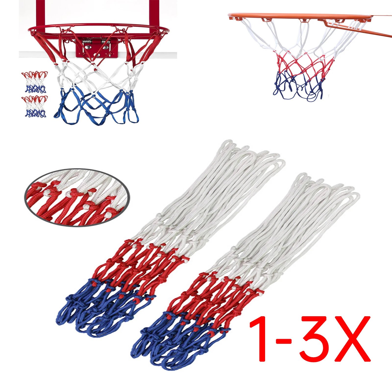 1-3X Standard Basketball Net Durable Polypropylene Fiber Outdoor Sports Basketball Tri-Color Basketball Net Mesh Replacement