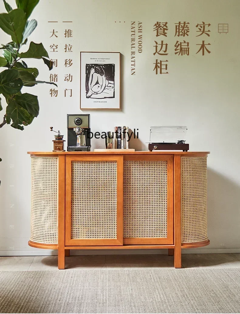 Rattan Solid Wood Sideboard Wall-Mounted New Chinese Floor Cabinet Homestay Hotel Creative Storage Cabinet