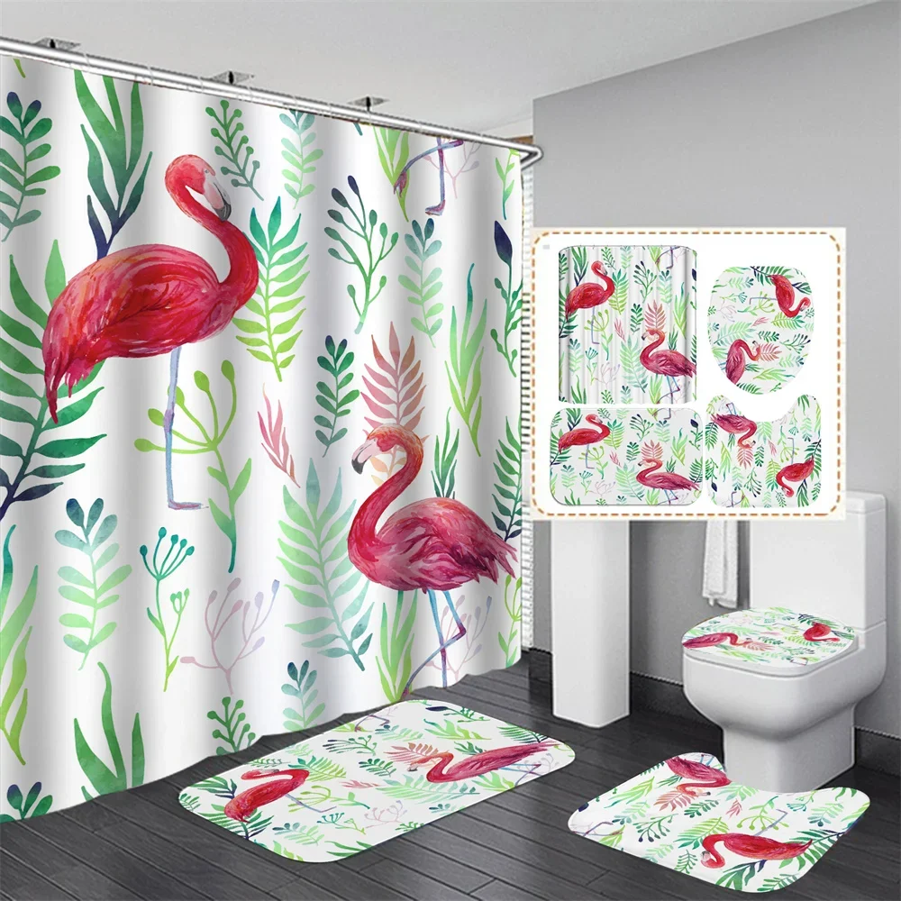 

Pink Flamingo Tropical Leaves 3D HD Shower Curtain Set Waterproof Polyester Bathroom Shower Curtain Set with Mat Non-Slip Rugs