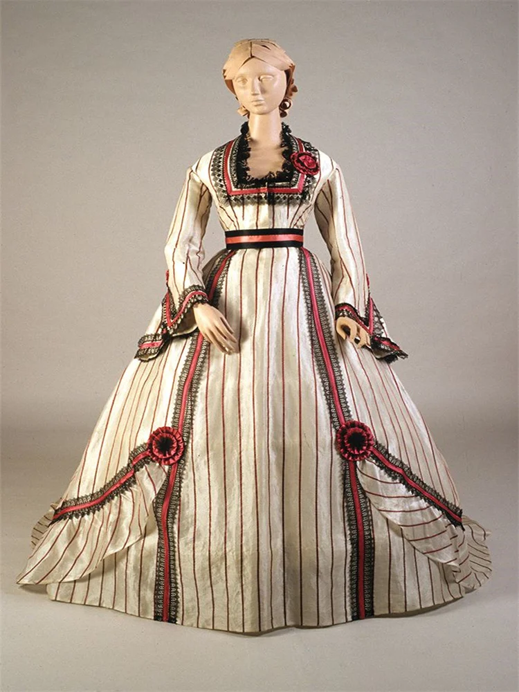 

1860s Fashion American Victorian Bustle White Striped Walking Dress Civil War Southern Belle Ball Gown