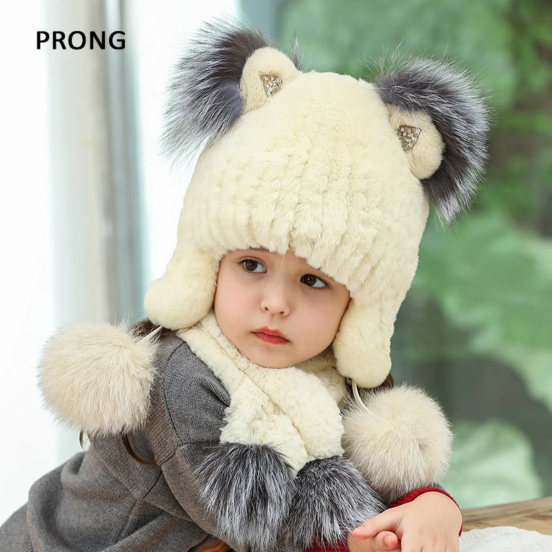 Kids Winter Hats Rex Rabbit Fur Hat Girls Boys Bonnets With Ear Flap Children Thick Warm Caps