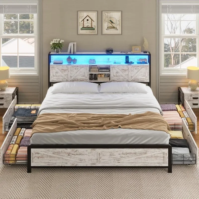 Full Bed Frame with Full Metal Platform Bed with Type-C Charging Station and 4 Drawers,No Box Spring Needed, Washed Oak Grey