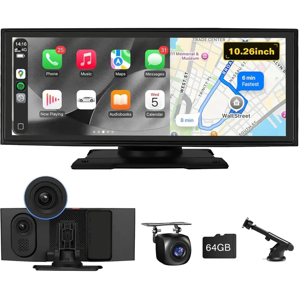 

Автомагнитола 10.26 с беспроводным CarPlay и камерой 4K, камера заднего вида 1080P, GPS-навигация, Mirror Link, совместима со всеми автомобилями