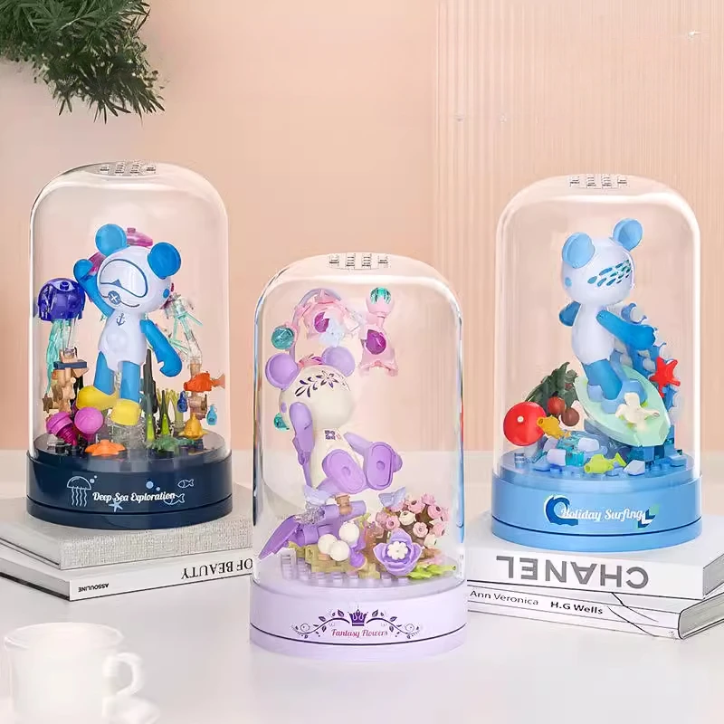 Star Bear Music Box Building Blocks Children's Building Toys Ocean Flowers Assembled Music Box Girl Model Ornaments Holiday Gift