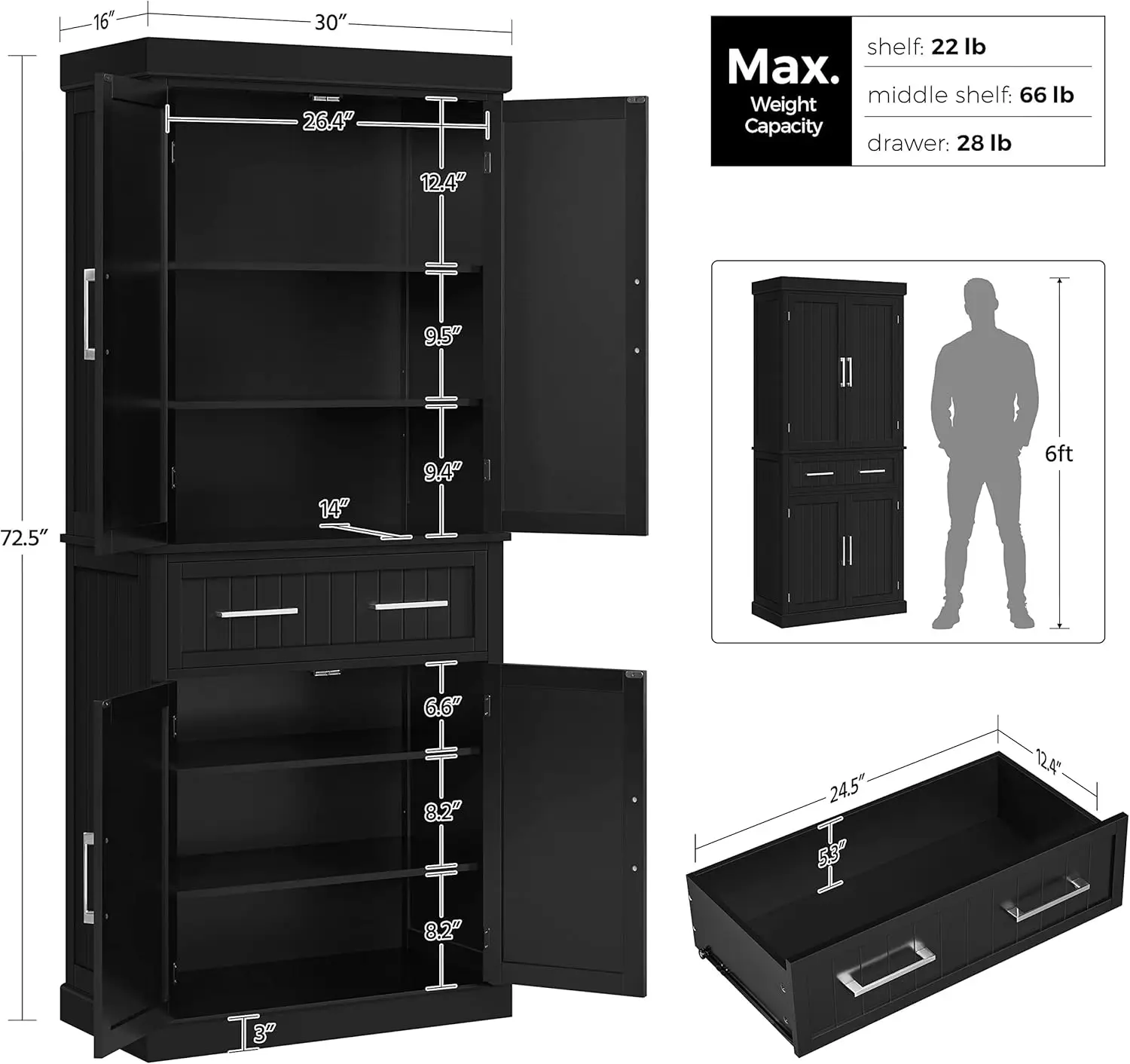 Armoire de Rangement pour Garde-Manger de Cuisine avec MEL, Armoire Autoportante avec 2 Étagères Réglables