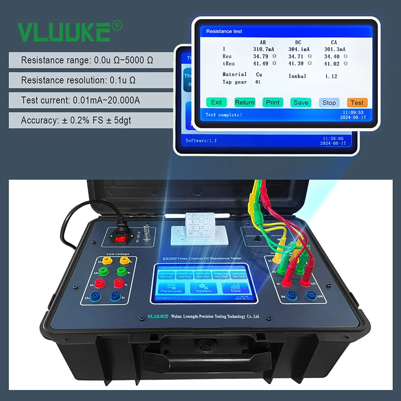 Probador de resistencia CC de tres canales VLUUKE ES3080, rango de 0,1 uΩ-5000Ω, salida de 20A, medidor de voltaje paso de resistividad del suelo a tierra