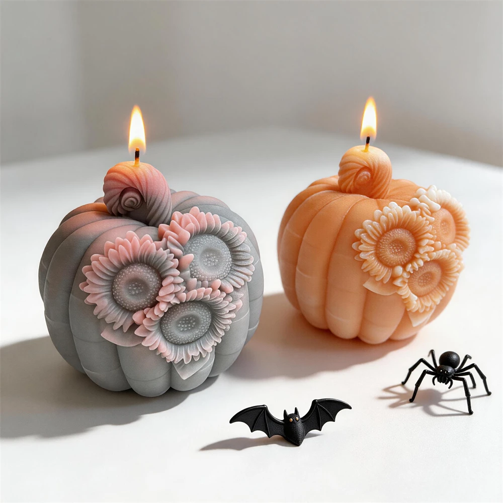 

2026 Happy Halloween Decor Sunflower Pumpkin Silicone Mold Flower Pumpkin Soy Wax Candle Mold Resin Plaster Silicone Mould