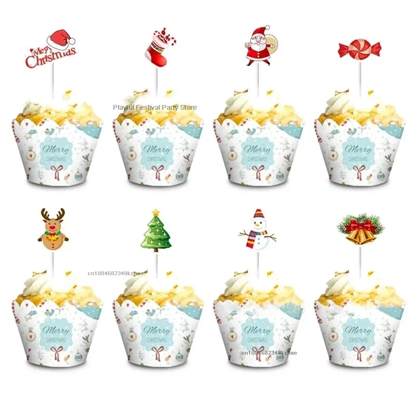 16/48pcs Santa Christmas Cupcake Wrapper Birthday Party Cake Topper Decorations Santa Xmas Tree Christmas Party Cake Decoration