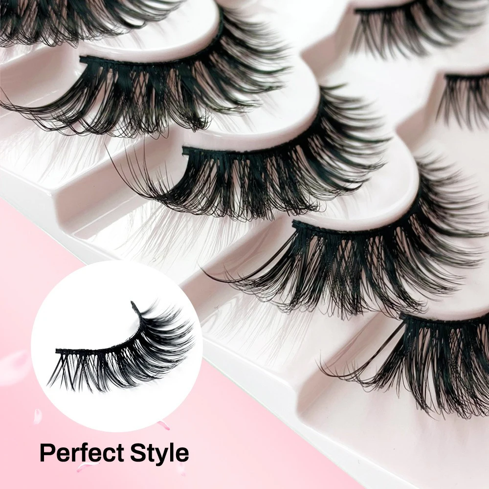 7 pairs of Fox Eye style black stem false eyelashes, fluffy and curled, reusable, with extended outer corners for daily makeup