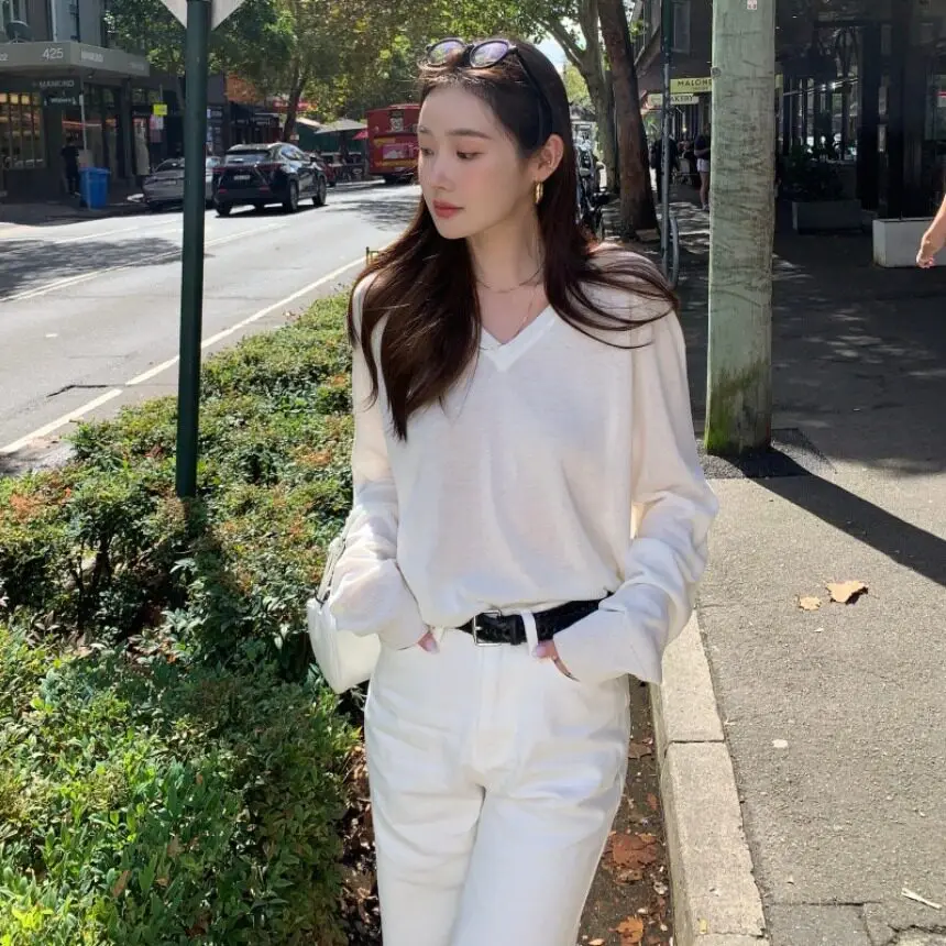 

Dongda Gate Women's Long Sve Knitted irt Casual Straight V-ne UV Protection Daily Wear Comfortable Polyester Fiber