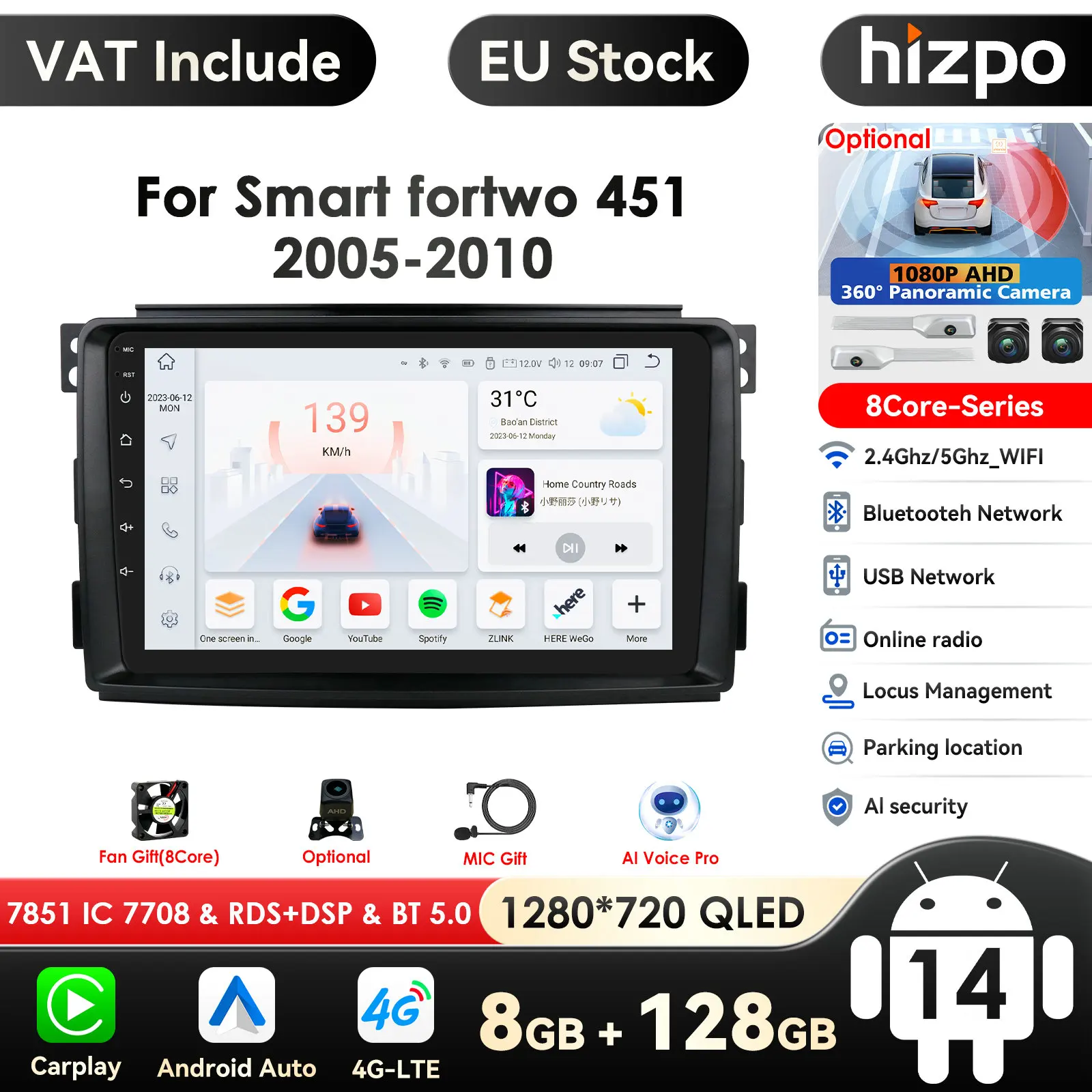 7862 AI Intelligent Screen 2din Android Car Radio lettore Video multimediale per Smart Fortwo 2006-2010 GPS Nav Carplay Auto 4G RDS