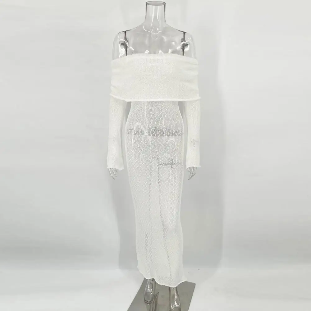 Robe longue en tricot à manches longues pour femmes, robe transparente ajourée, robe initiée pour les fêtes, fête, club, vêtements élégants