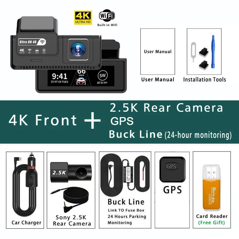 Ultra HD 4K Auto Dashcam, voor- en achtercamera (2.5K), mini WIFI DVR, Black Box, met 24 uur parkeerbewaking, nachtzicht, GPS/achteruitrijcamera