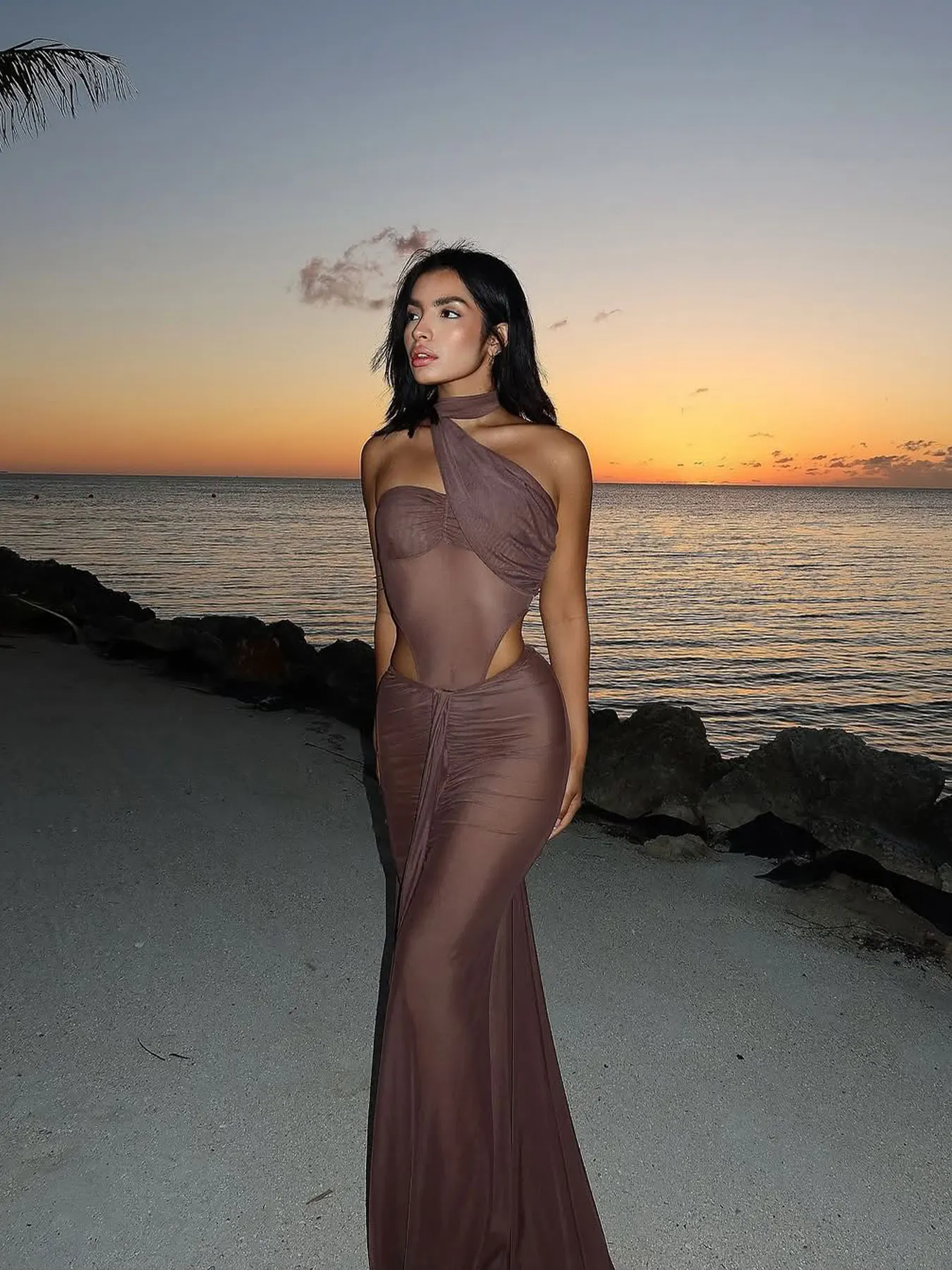 2025 Sexy Sheer One-Piece Swimsuit Long Fish-Tail Dress with Cut-Out Design Perfect for Beach Evening Parties Women's Swimsuit