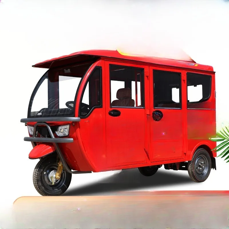 Fully enclosed electric tricycle carries passengers to pick up children at home