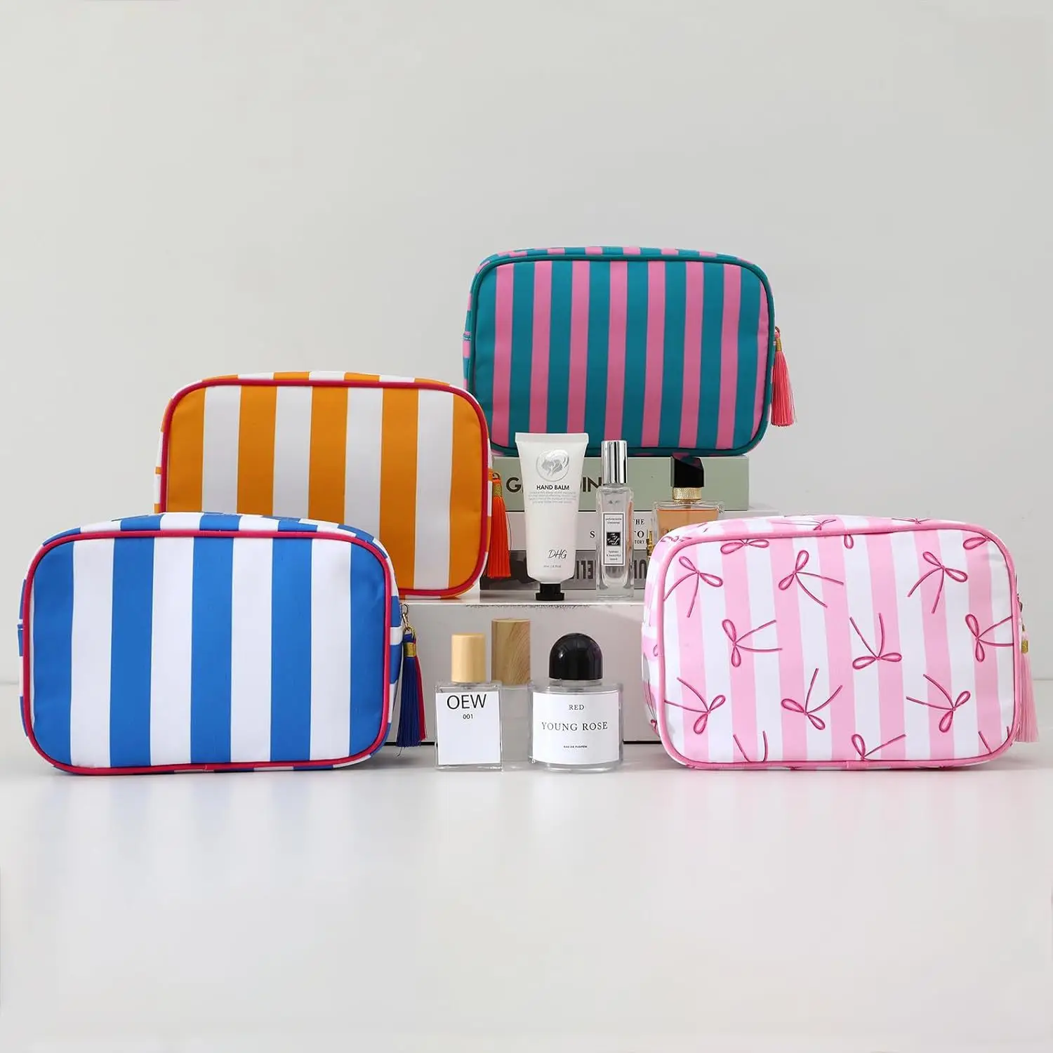 Große gestreifte tragbare Kosmetiktasche für Damen, Make-up-Tasche mit Quasten und Reißverschluss, große Kapazität, lässige Tragetasche mit Reißverschluss – Detail 6