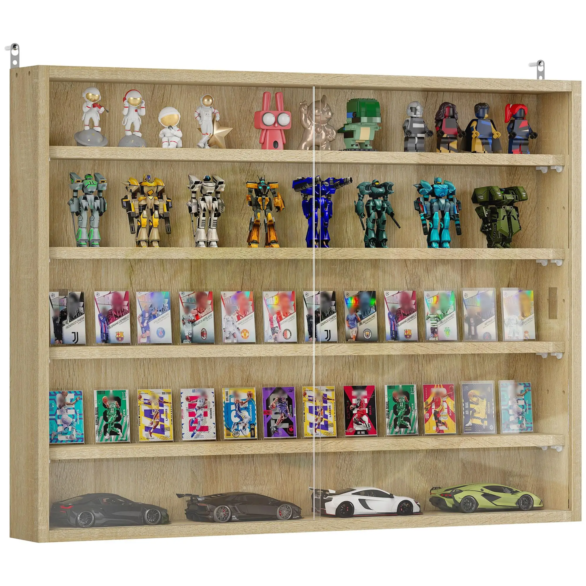Vitrine murale à 5 niveaux avec 4 portes à volets et portes vitrées réglables, 80x9,5x60 cm, Chêne