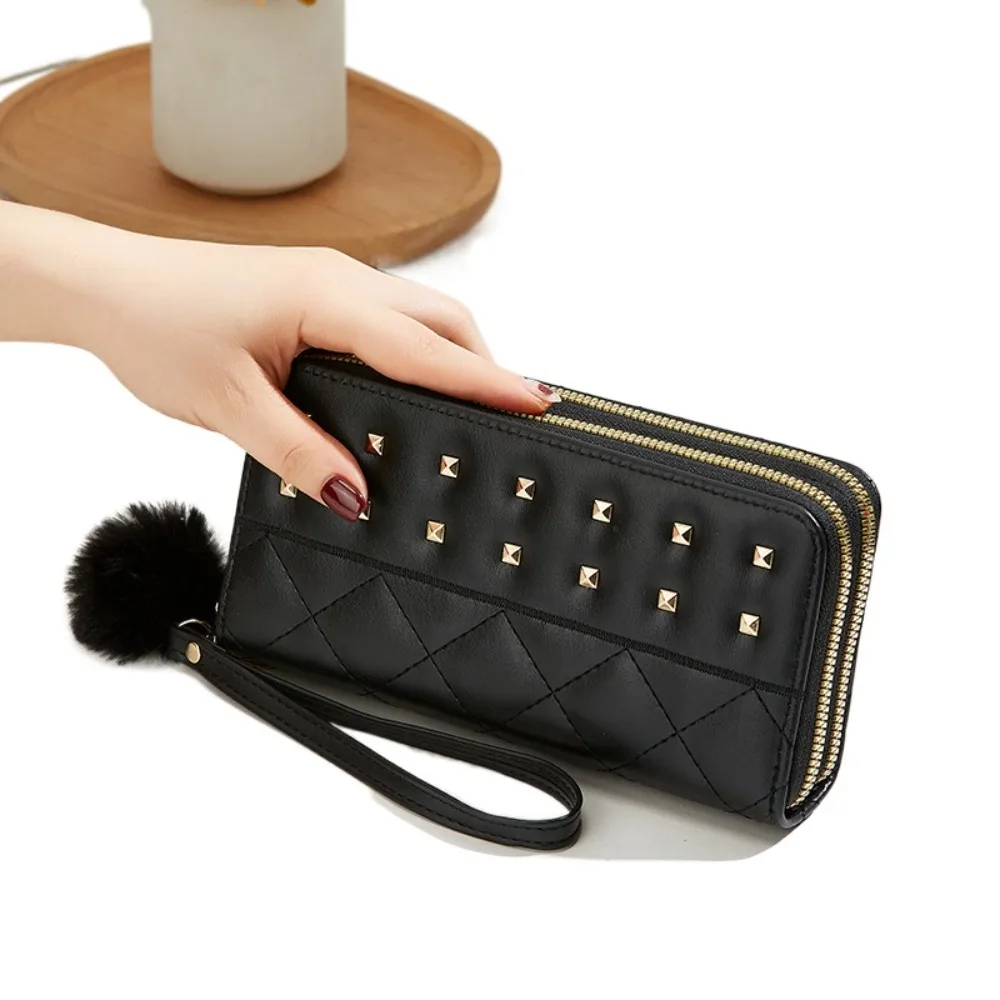 

Korean Style Rivets Women Long Purse Double Zipper PU Leather Woman Clutch Wallet Storage Multi-card Slot Square Card Bag Travel