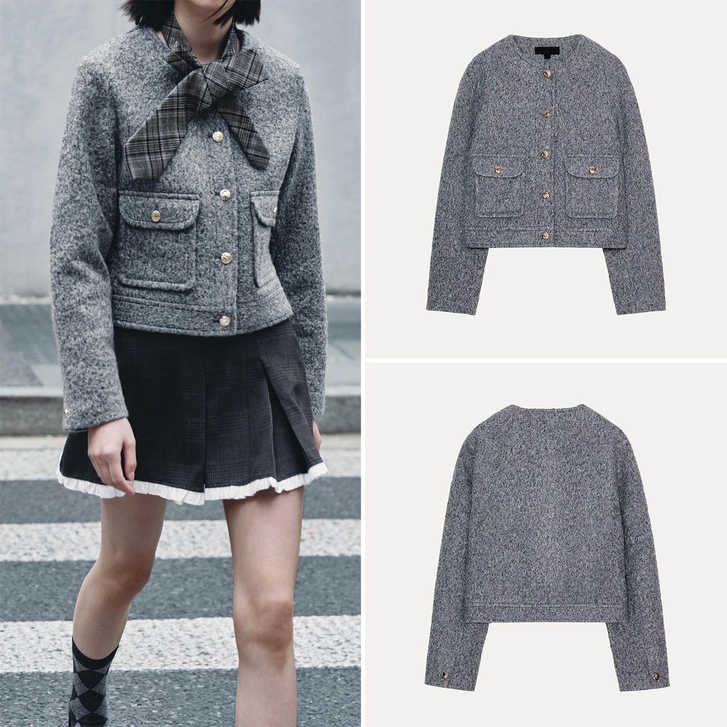 Ele Autumn 2025 Women's Faion Outerwear Gold Button Decorated Tweed Jaet Stand Fit ort Sve Long Coat Z