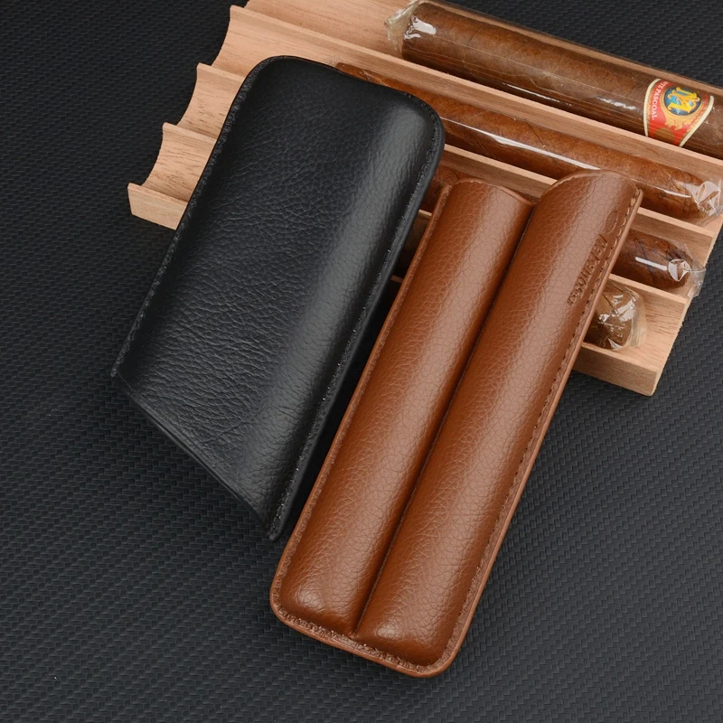 Real Leather Cigar Case 2 Tube Tobacco Holder  Mini Humidor Travel Cigar Box Portable Smoking Accessory Special Style Cigar Tool