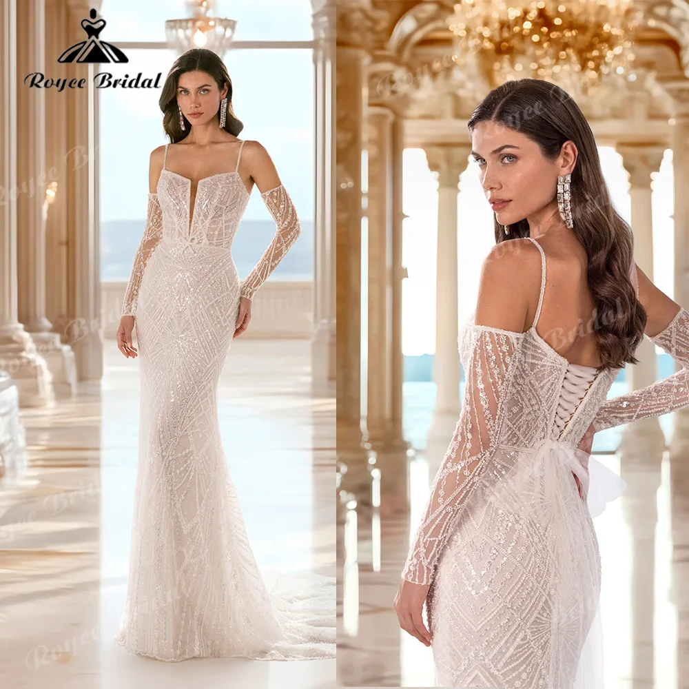 Spaghetti Strap Beaded Mermaid Wedding Dress Sheer Long Sleeve Lace Up Corset Back Sparkly Bridal Gown Chapel Train Customized