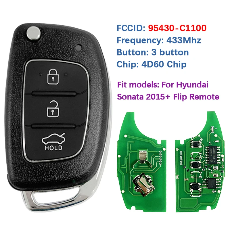 

CN020093 Replacement 3 Button Flip Remote Key Fob 433MHz 4D60 Chip FCC 95430-C1100 For Hyundai Sonata 2015 - 2017