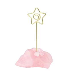 Natural Rough Rose Quartz Card Holder Metal Gold Table Number Stand Heart Shaped Menu Photo Clip Wedding Party Desktop Decor