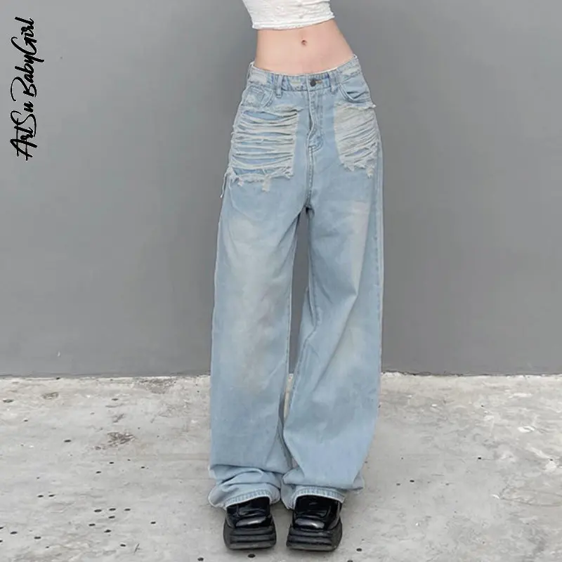 

Distressed Jeans Denim Pants Women Trousers Baggy Jeans Streetwear Y2k Vintage Clothes Casual Gradient Loose Wide Leg Trousers