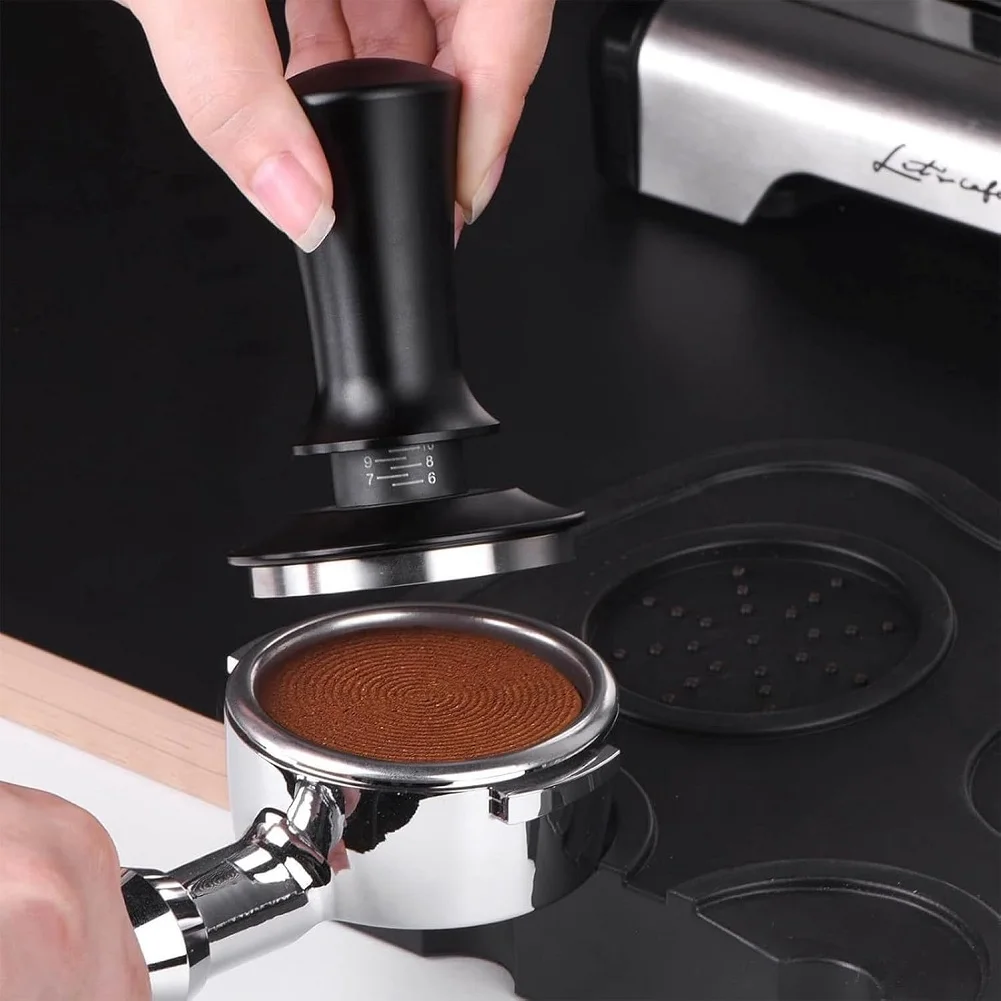 

Spring-Enhanced Espresso Tamper 51mm with Depth Monitoring Feature and Fine Needle Tool to Optimize Distribution Before Tamping