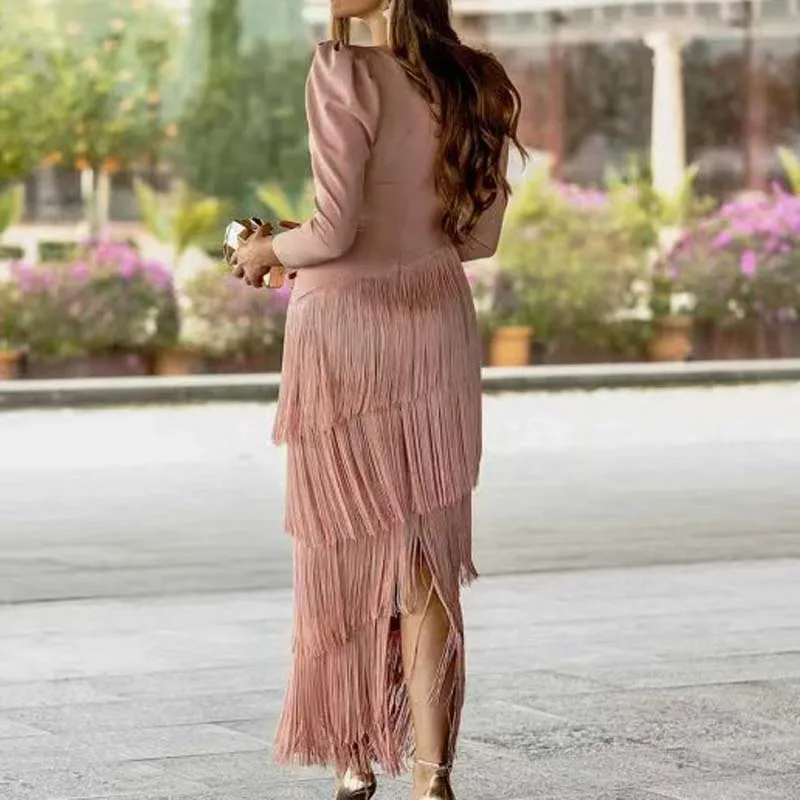 New 2026 French Elegant Deep V Neck Prom Dresses for Women Spring Fashion Spliced Tassel Dress Woman Long Sleeve Slim Maxi Dress