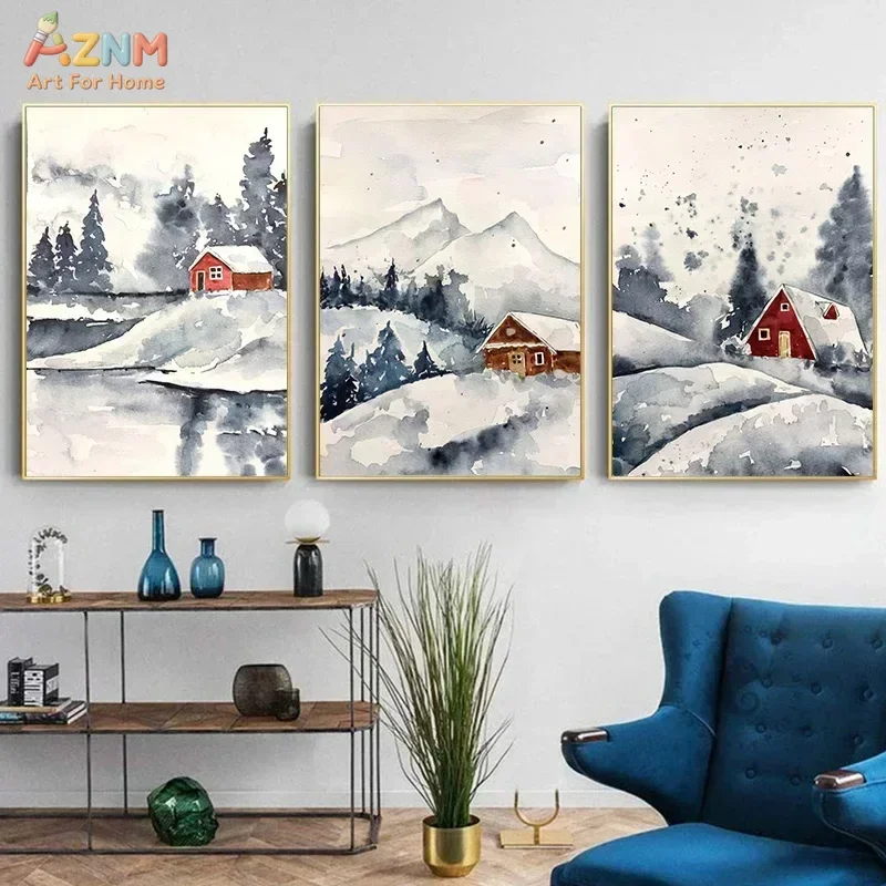 AZNM Winter Snow Mountain Cabin Canvas Wall Art, Watercolor Pine Forest Landscape Print, Rustic Snowy Countryside Poster for Hom