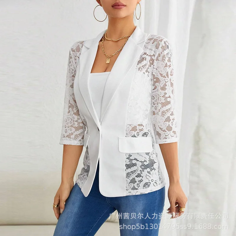 Dámský nový klopový výstřih s krajkovou nášivkou a jedním knoflíkem, průsvitný sako - náhled 3