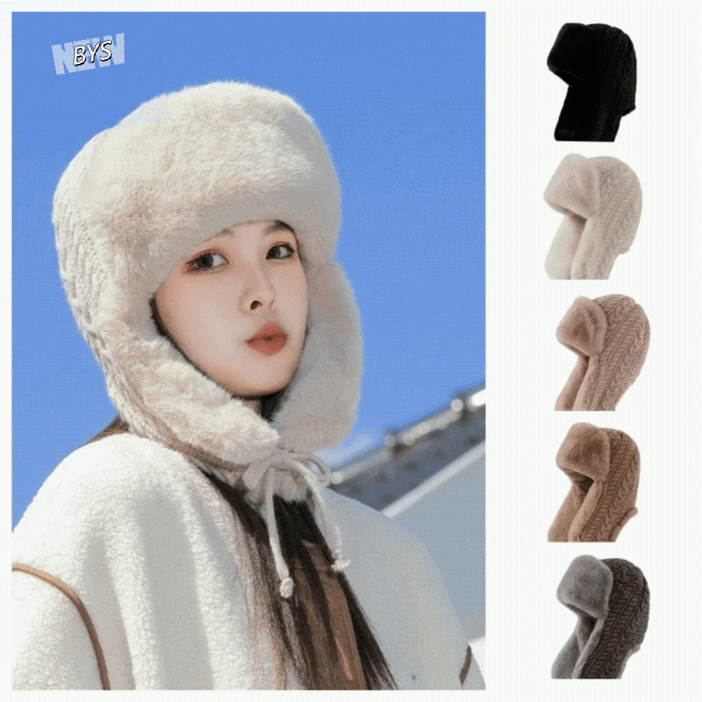 

Versatile Knitted Men Women Pilot Hat Windproof Warm Faux Fur Lei Feng Hat Extended Korean Ear Protection Cap Girl