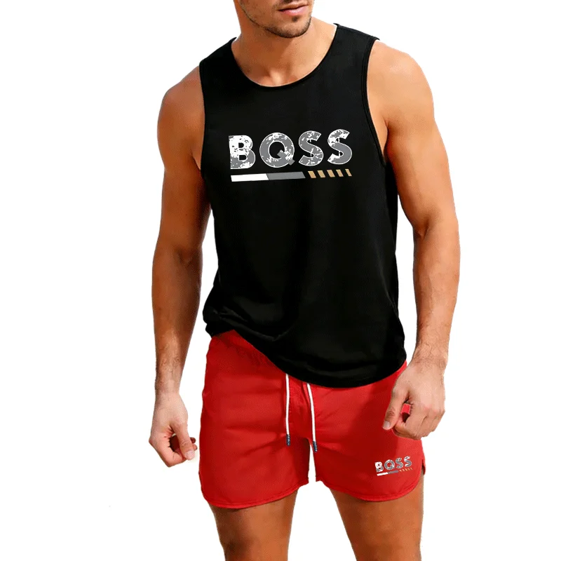 

Summer Athletic Set Men Cooling Vest Shorts Combo Outdoor Sports Beach Surfing Jogging Casual Fashion Trend 2 Piece Sportswear