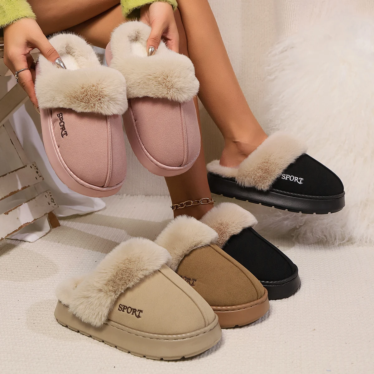 

Autumn and Winter Fluffy Home Slippers, Warm Soft-Soled Ankle Shoes, Plush Indoor Comfortable High-Top Shoes, Bedroom Silent Floor Shoes