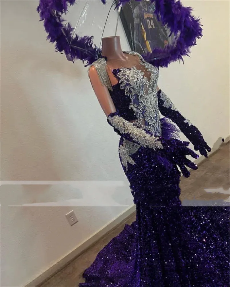 Luxury Purple Mermaid Prom Dresses 2024 For Black Girls Bottom Beading Elegant Crystal O Neck Evening Party Gowns Birthday Dress