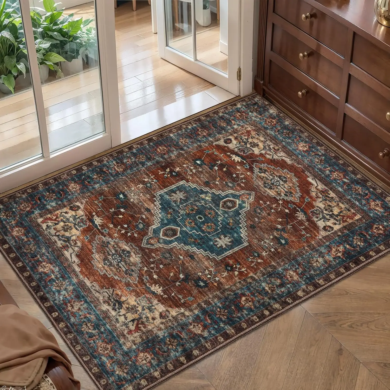 Washable Entryway Rugs Vintage Non Slip Small Area Rug, Indoor Front Door Rug, Print Distressed Door Mat Indoor Entrance Soft
