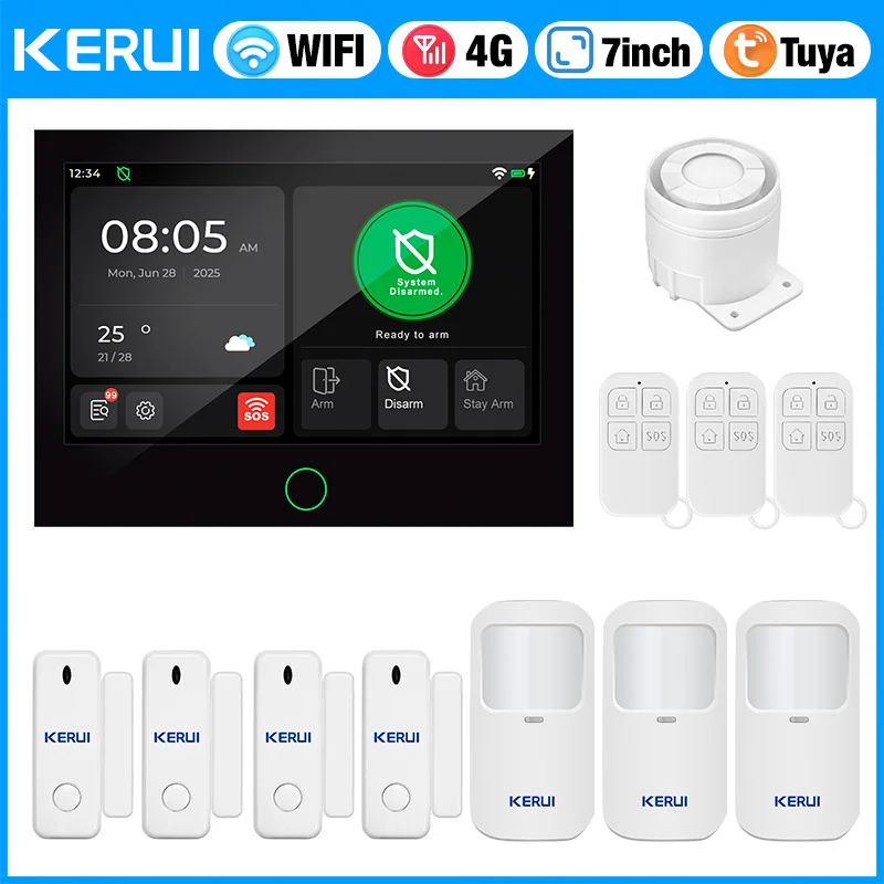 Snelle levering KERUI Tuya WiFi + 4G huisalarmsysteemsets met 7-inch touchscreen van ES Warehouse G70 alarmbeveiliging