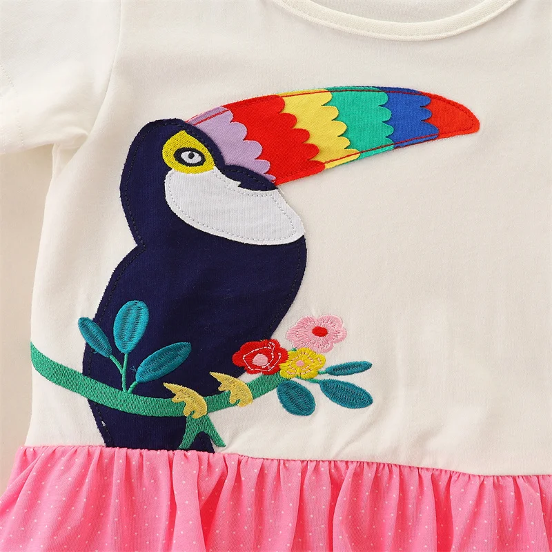 Jumping Meters 2024 Princess Girls Dresses Birds Embroidery Short Sleeve Cotton Toddler Baby Frocks Kids Costume Layer Dress