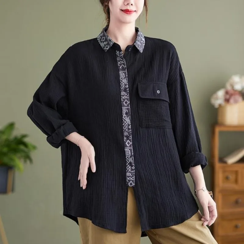 

Women's Double-layer Patch Single-breasted Loose Age-reducing Long-sleeved Shirt