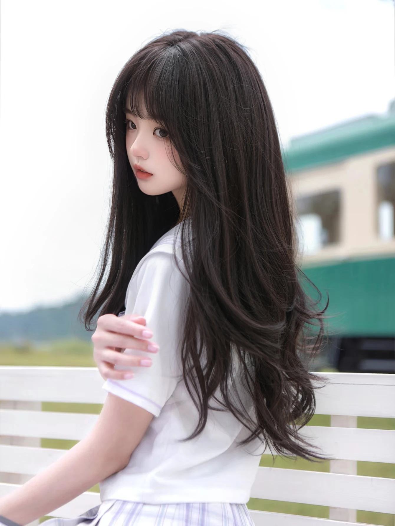 Wig sintetis cantik segar hitam Natural 26 inci dengan Wig rambut bergelombang Natural panjang untuk wanita sehari-hari Cosplay tahan panas