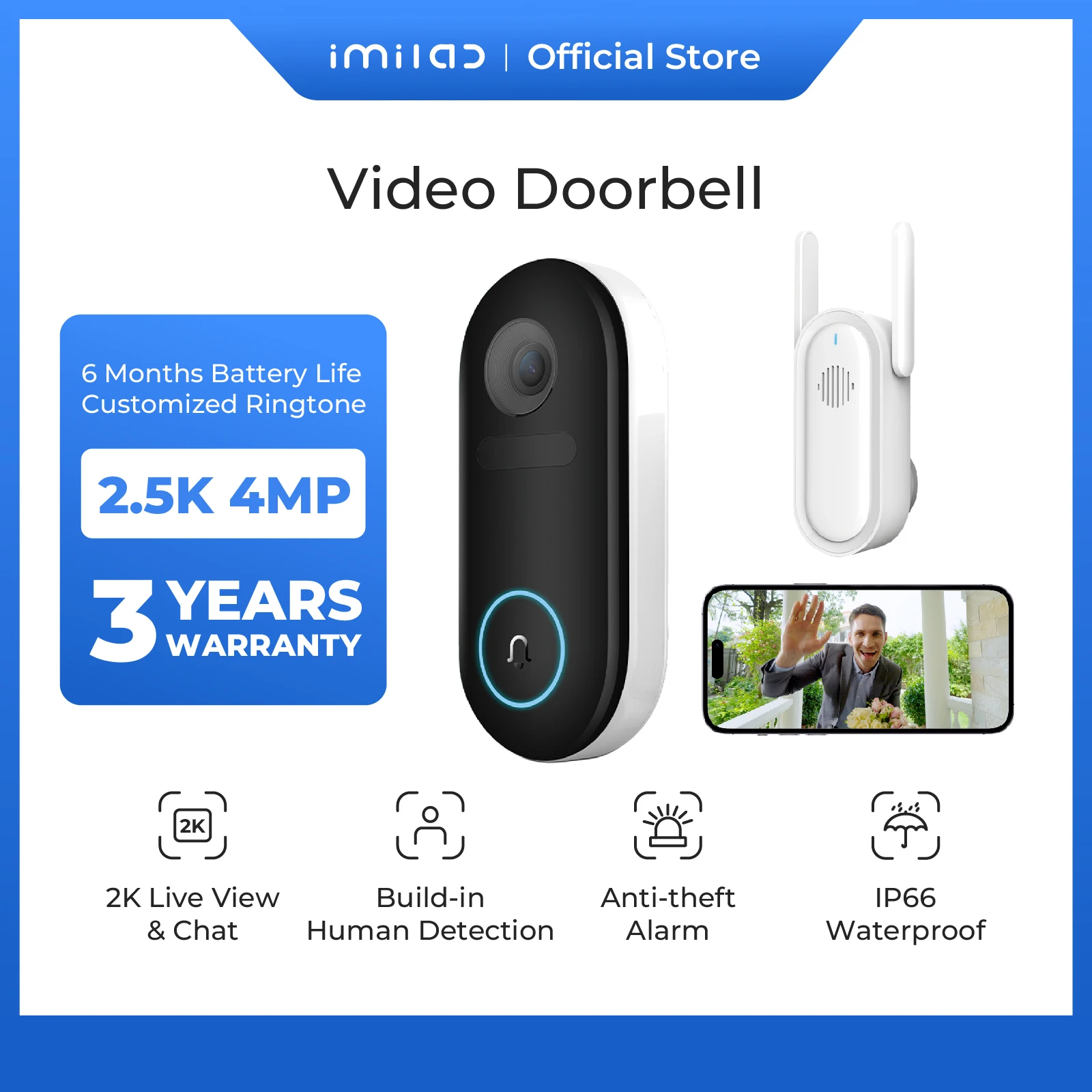 IMILAB Smart Video Doorbell 5200mAh Security Camera Accurate Human Detection Local Storag Instant Alert 2.5k