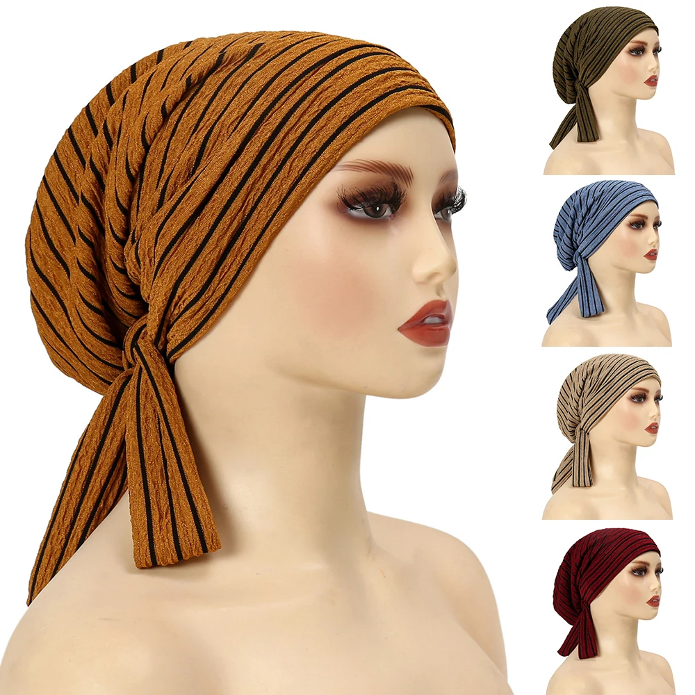 Fashion Striped Pre Tied Headscarf With Long Tail Simple Stretchy Breathable Bandana Women's Chemo Hat Stylish Head Wrap