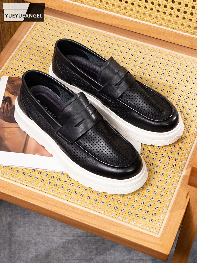 

Breathable Men Fashion Genuine Leather Round Toe Slip On Top Hollow Out Casual Handmade Cowhide Platform Loafers Comfortable