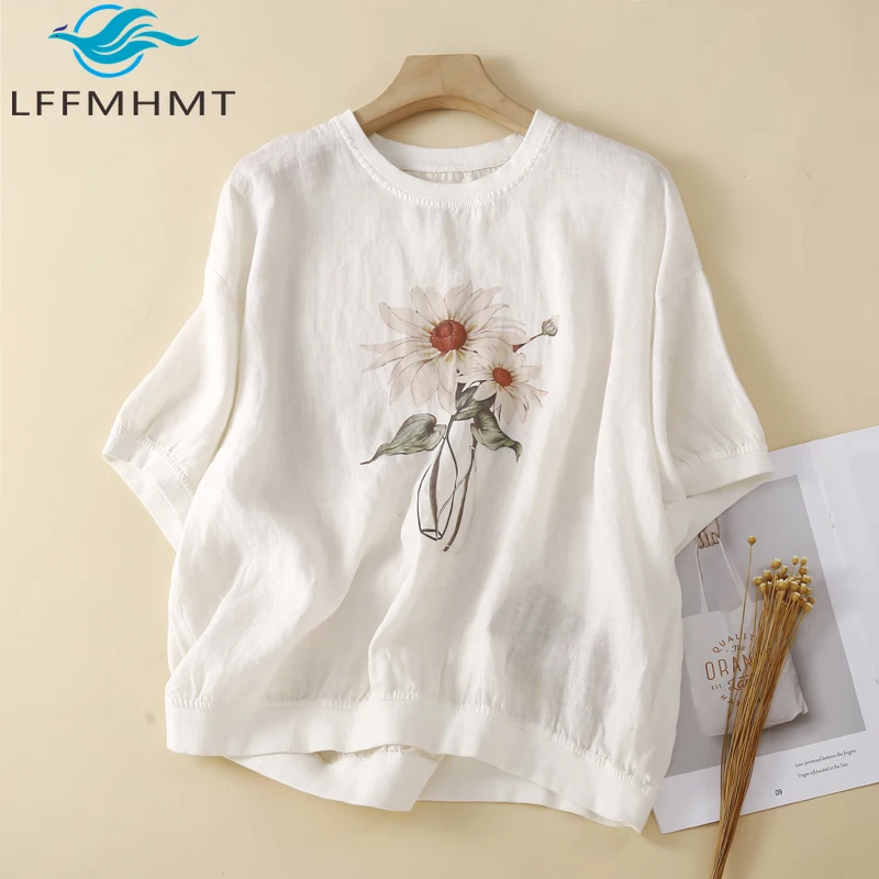 

Good Quality Japan Style Linen T-shirt for Women Summer Fashion Sun-flower Print Chic Tee Tops Female Thin Soft Cozy Pullovers